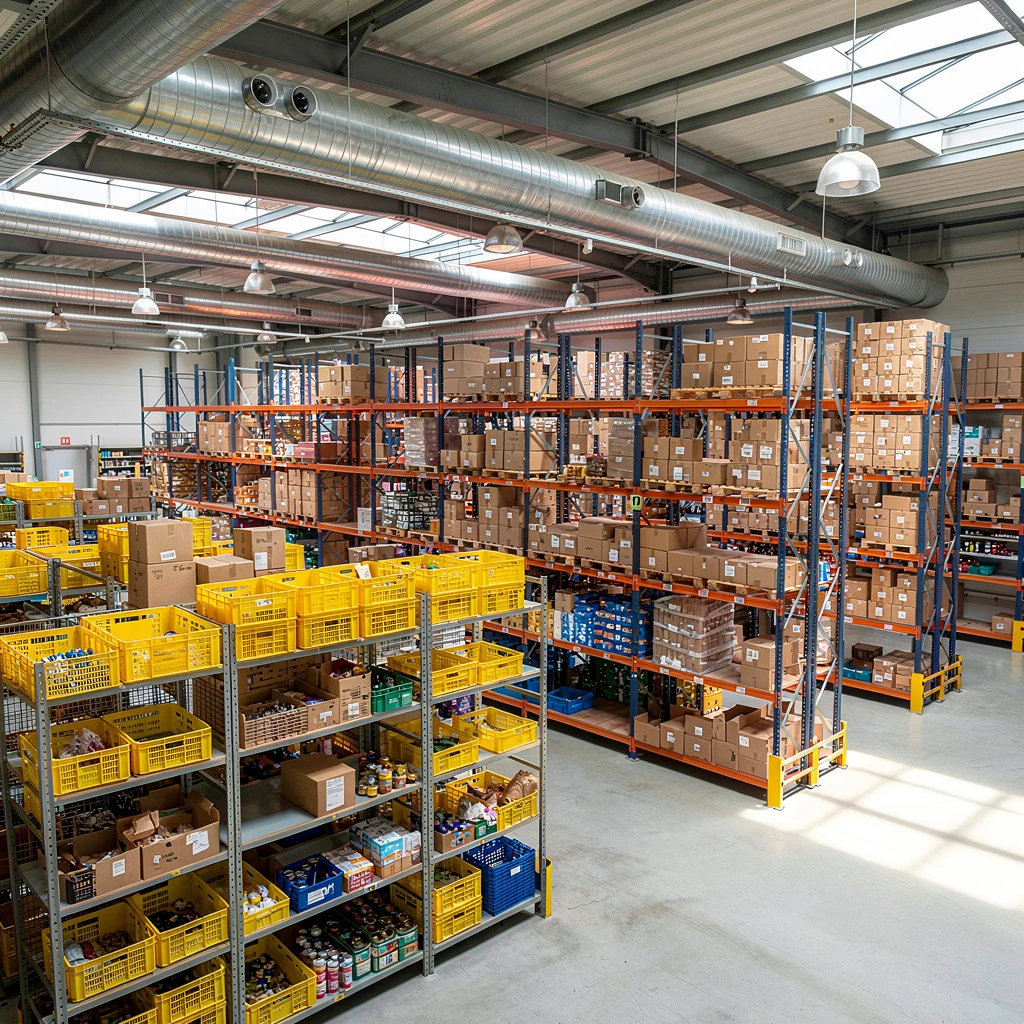 Inside a wholesale warehouse: pallet racking stacked with cartons and bins of packaged goods under skylights